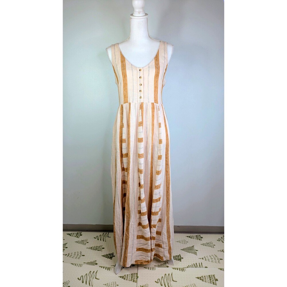 Tribal Striped Linen Blend Maxi Dress Medium Sleeveless Autumn Boho Transitional